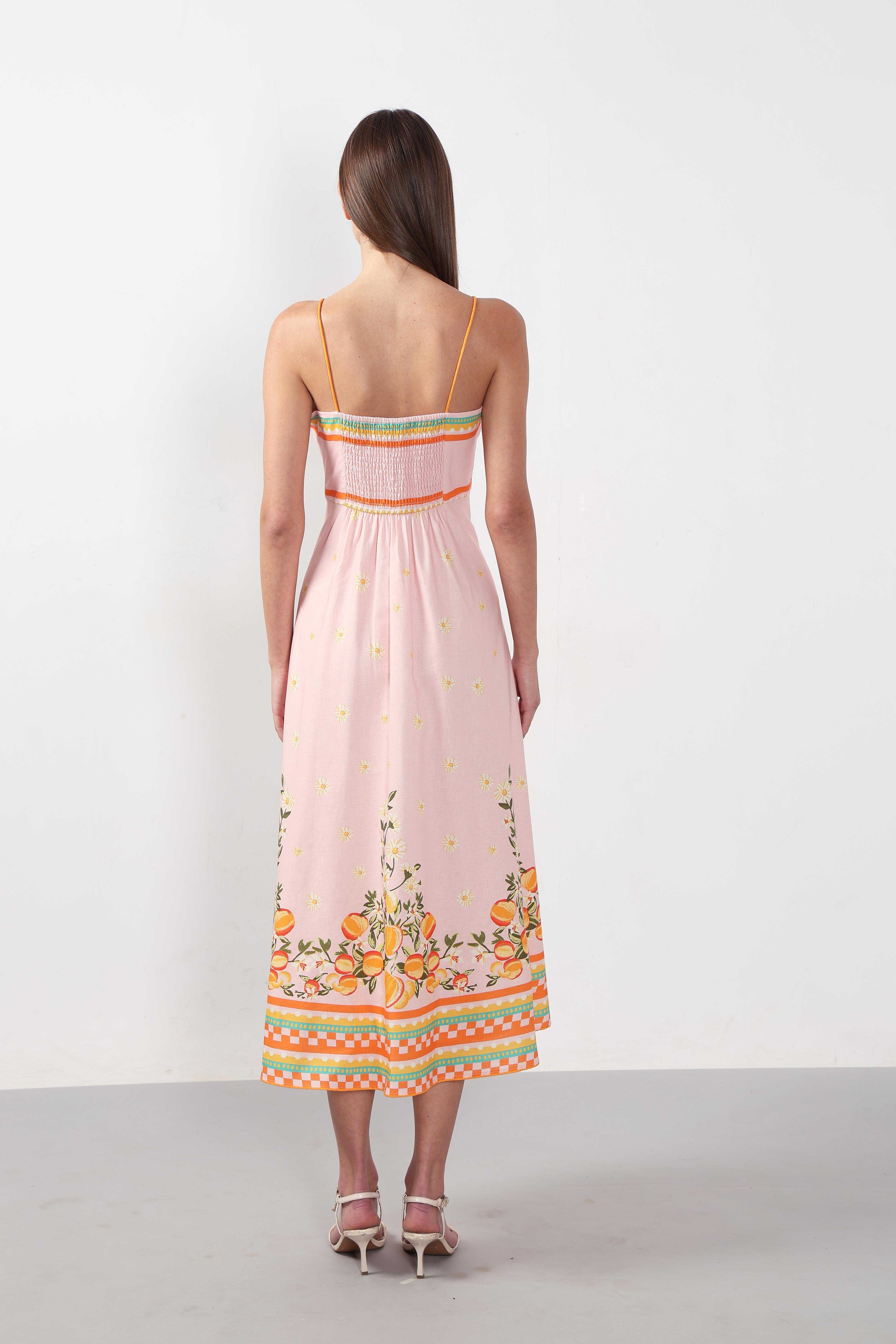 Vero Moda Peach Pink Printed Strappy Midi Dress