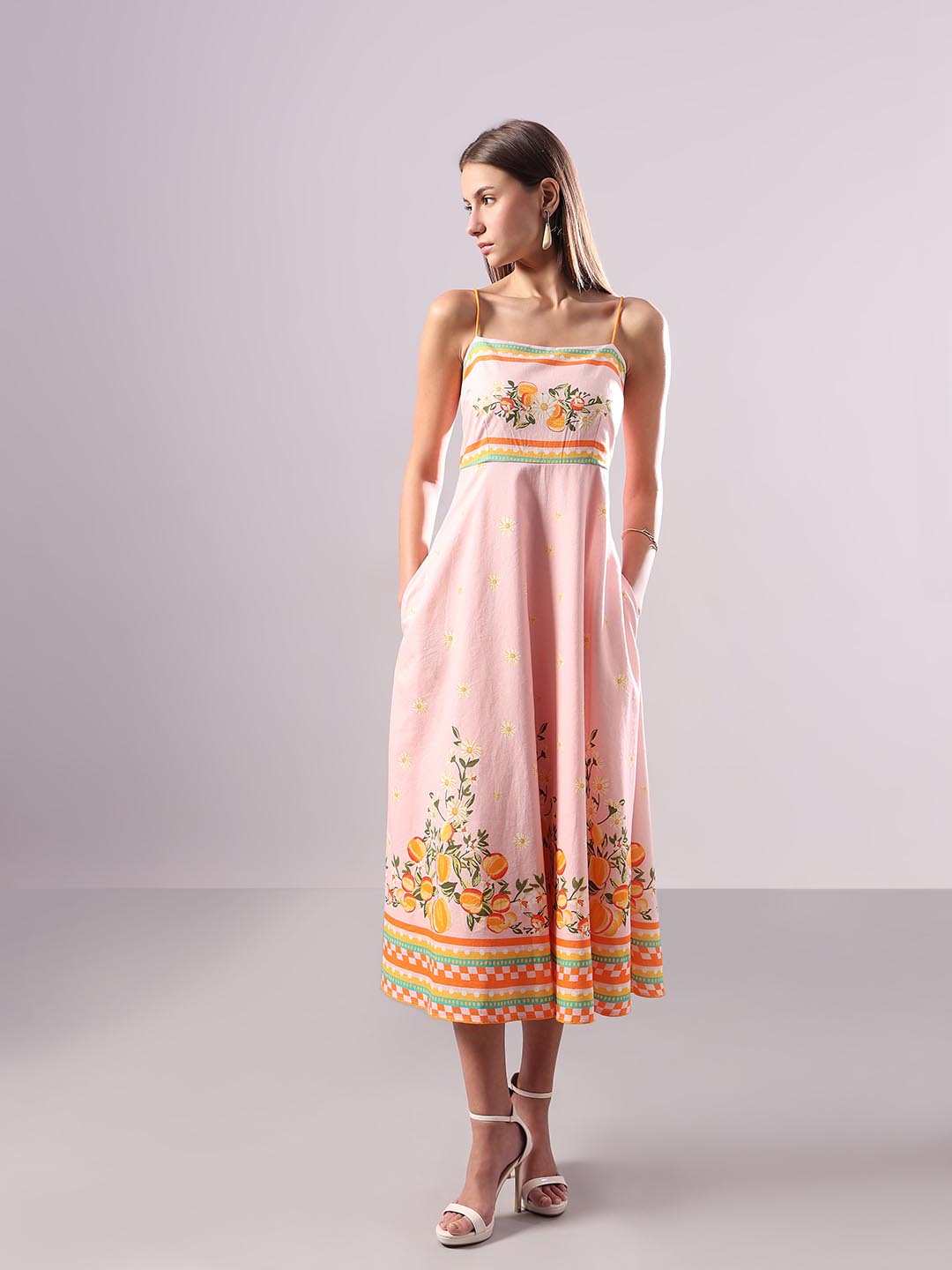 Vero Moda Peach Pink Printed Strappy Midi Dress