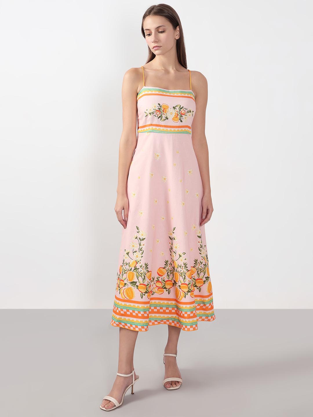 Vero Moda Peach Pink Printed Strappy Midi Dress