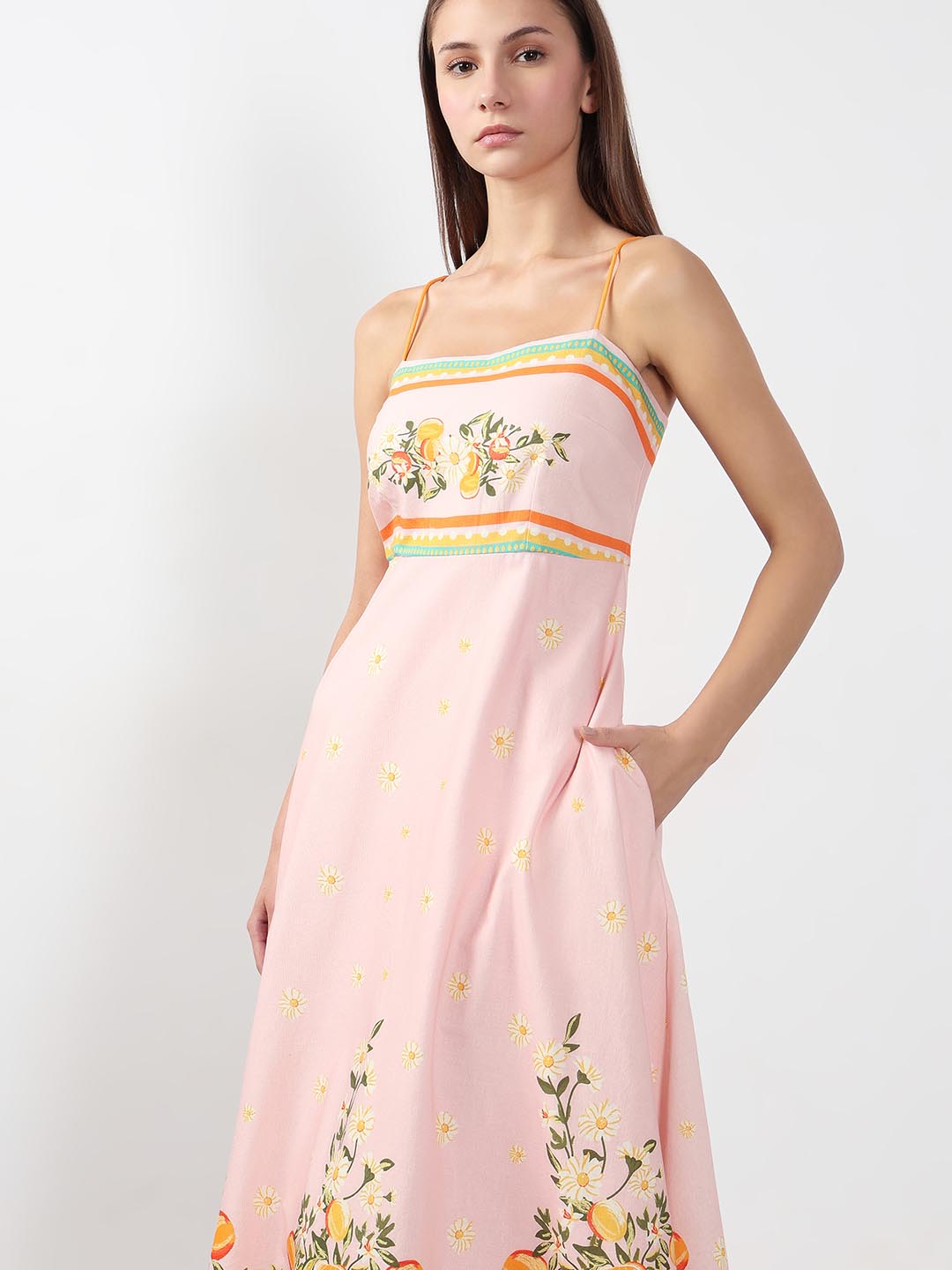 Vero Moda Peach Pink Printed Strappy Midi Dress