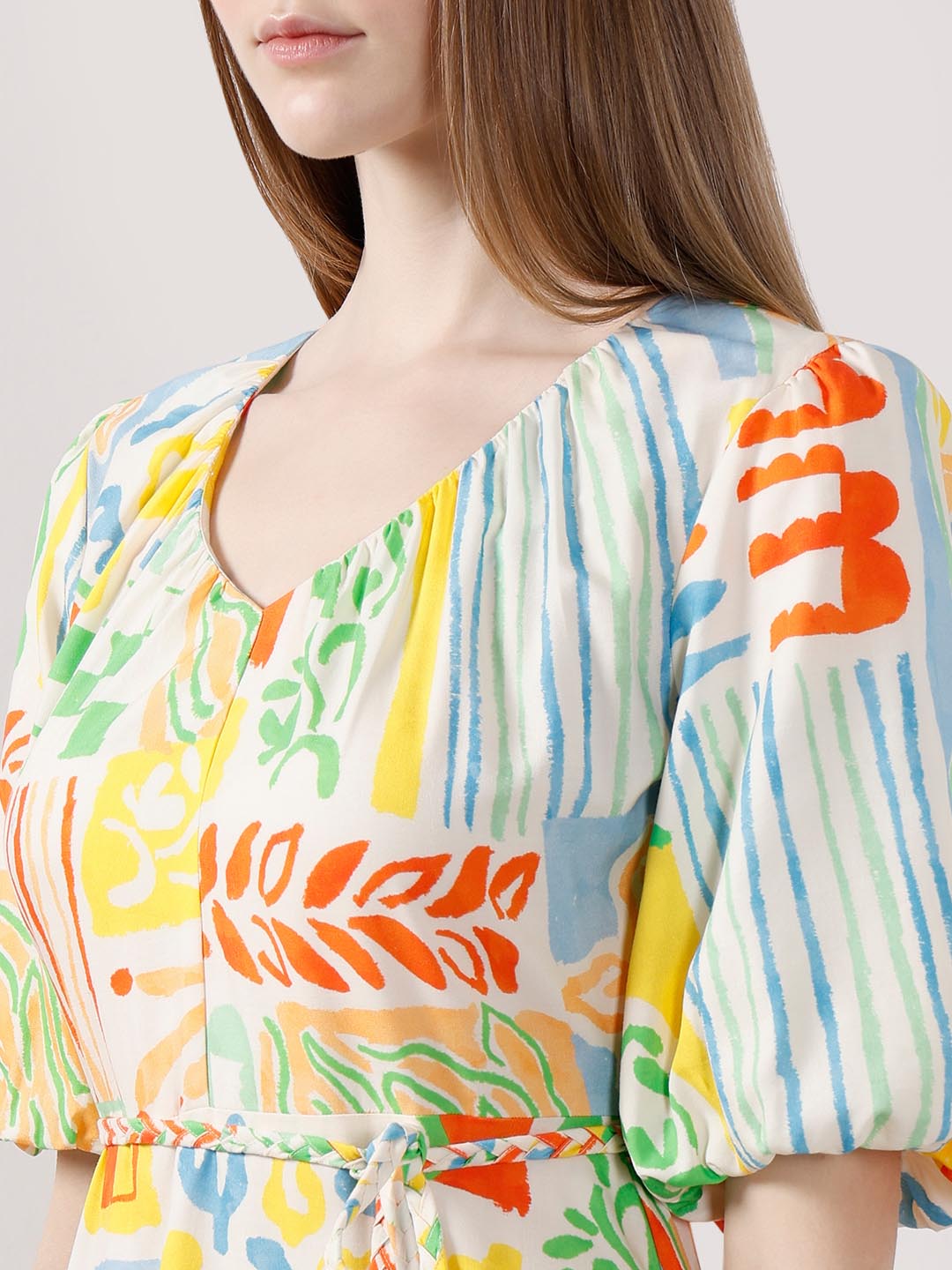 Vero Moda White Printed Puff Sleeves Dress