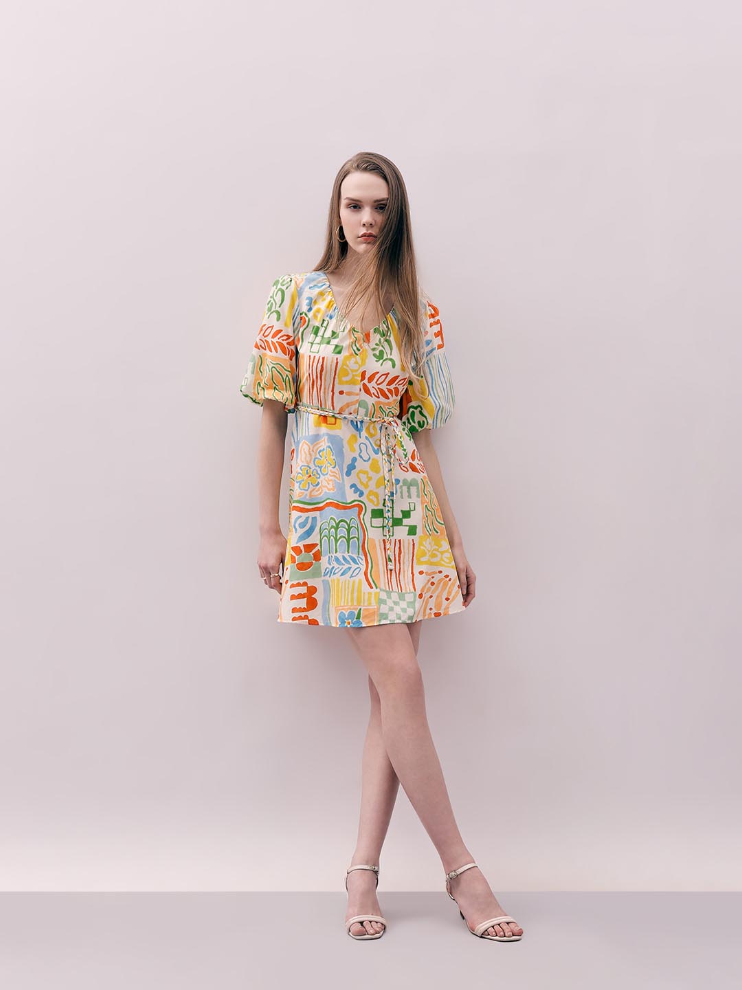 Vero Moda White Printed Puff Sleeves Dress