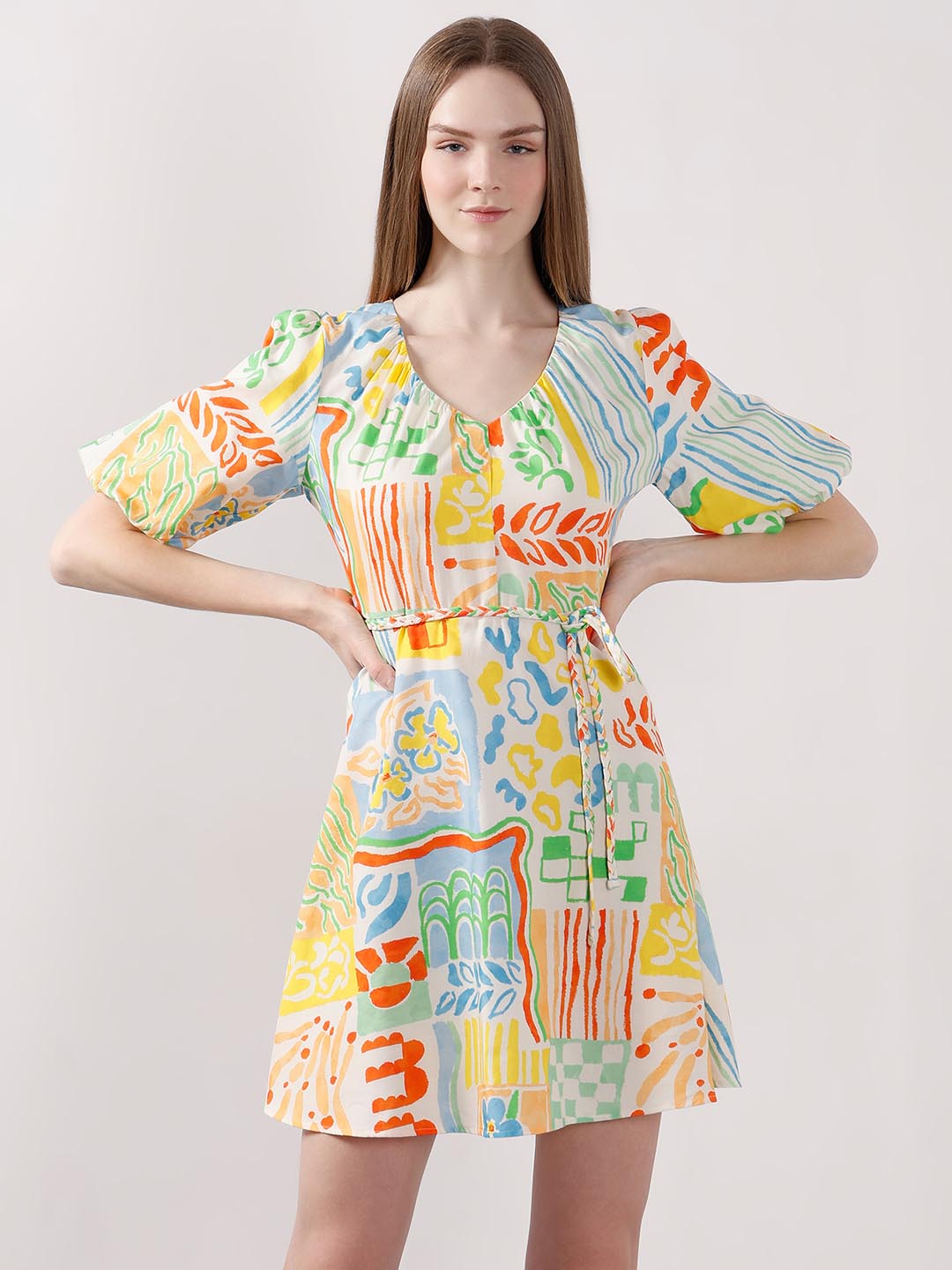 Vero Moda White Printed Puff Sleeves Dress