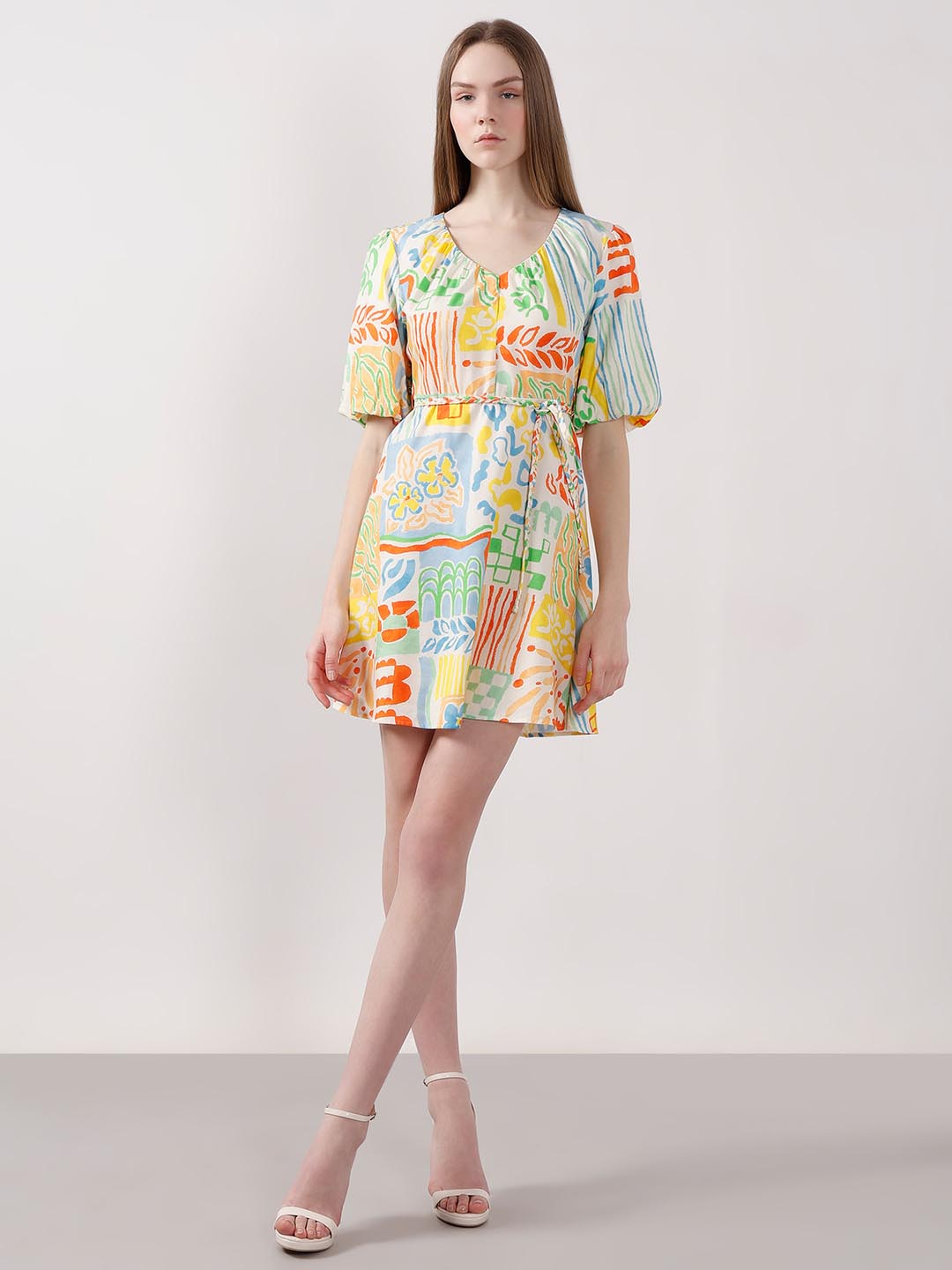 Vero Moda White Printed Puff Sleeves Dress