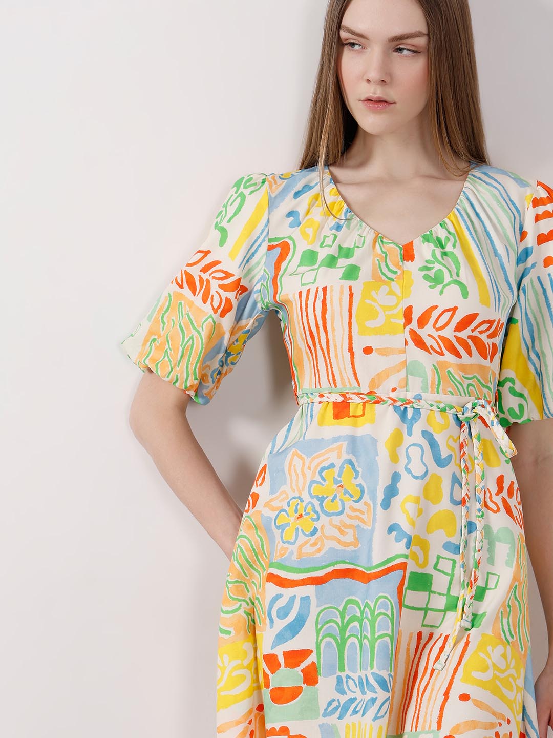 Vero Moda White Printed Puff Sleeves Dress