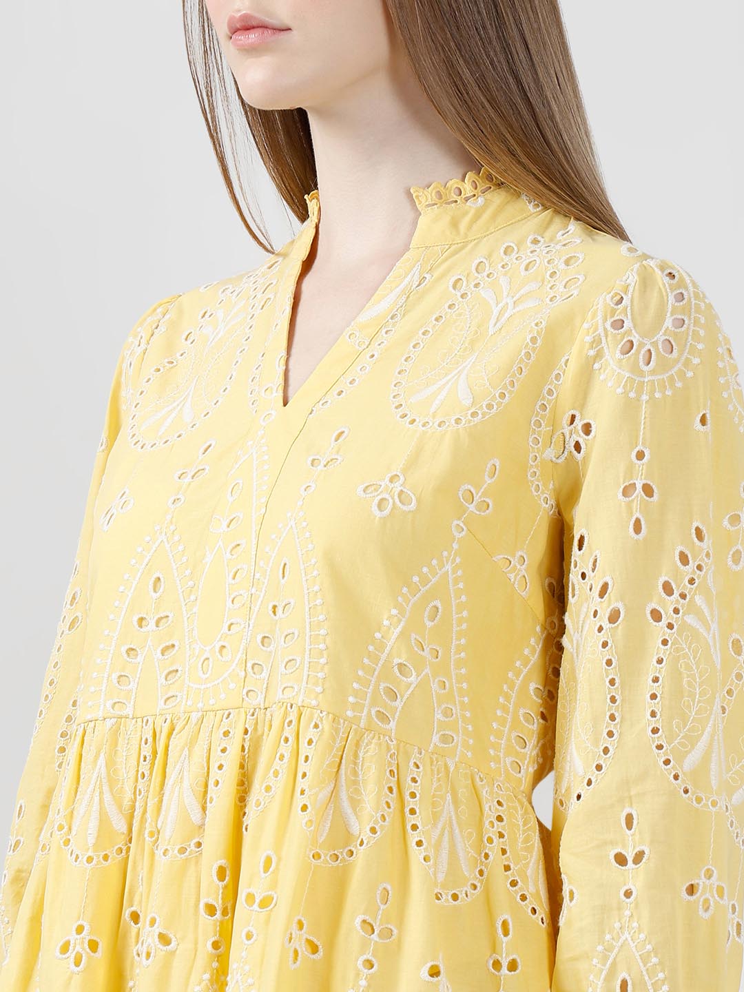 Vero Moda Yellow Schiffli Embroidered Dress