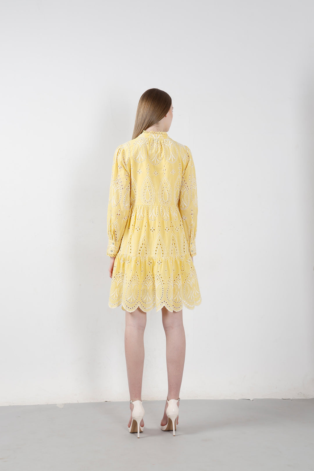 Vero Moda Yellow Schiffli Embroidered Dress