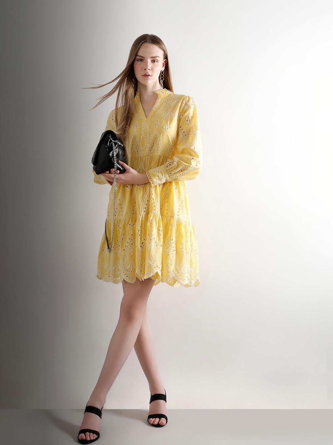 Vero Moda Yellow Schiffli Embroidered Dress