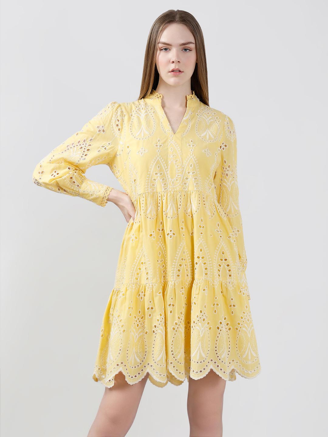 Vero Moda Yellow Schiffli Embroidered Dress