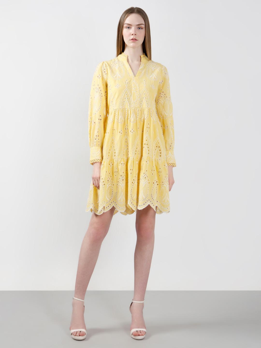 Vero Moda Yellow Schiffli Embroidered Dress