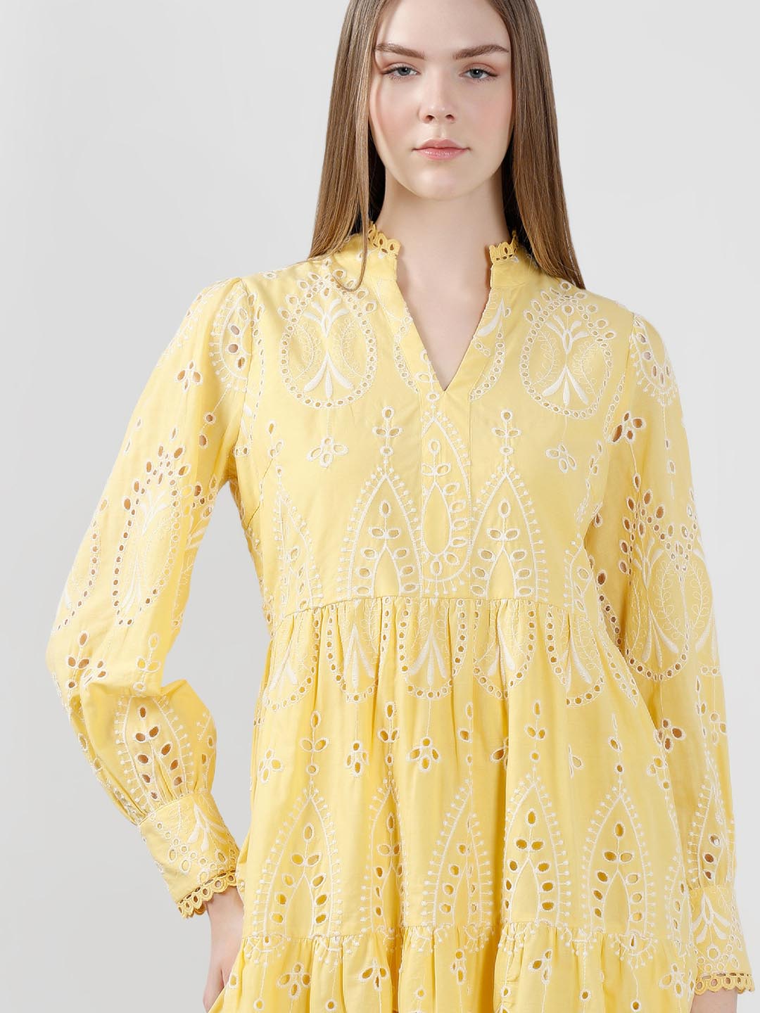 Vero Moda Yellow Schiffli Embroidered Dress
