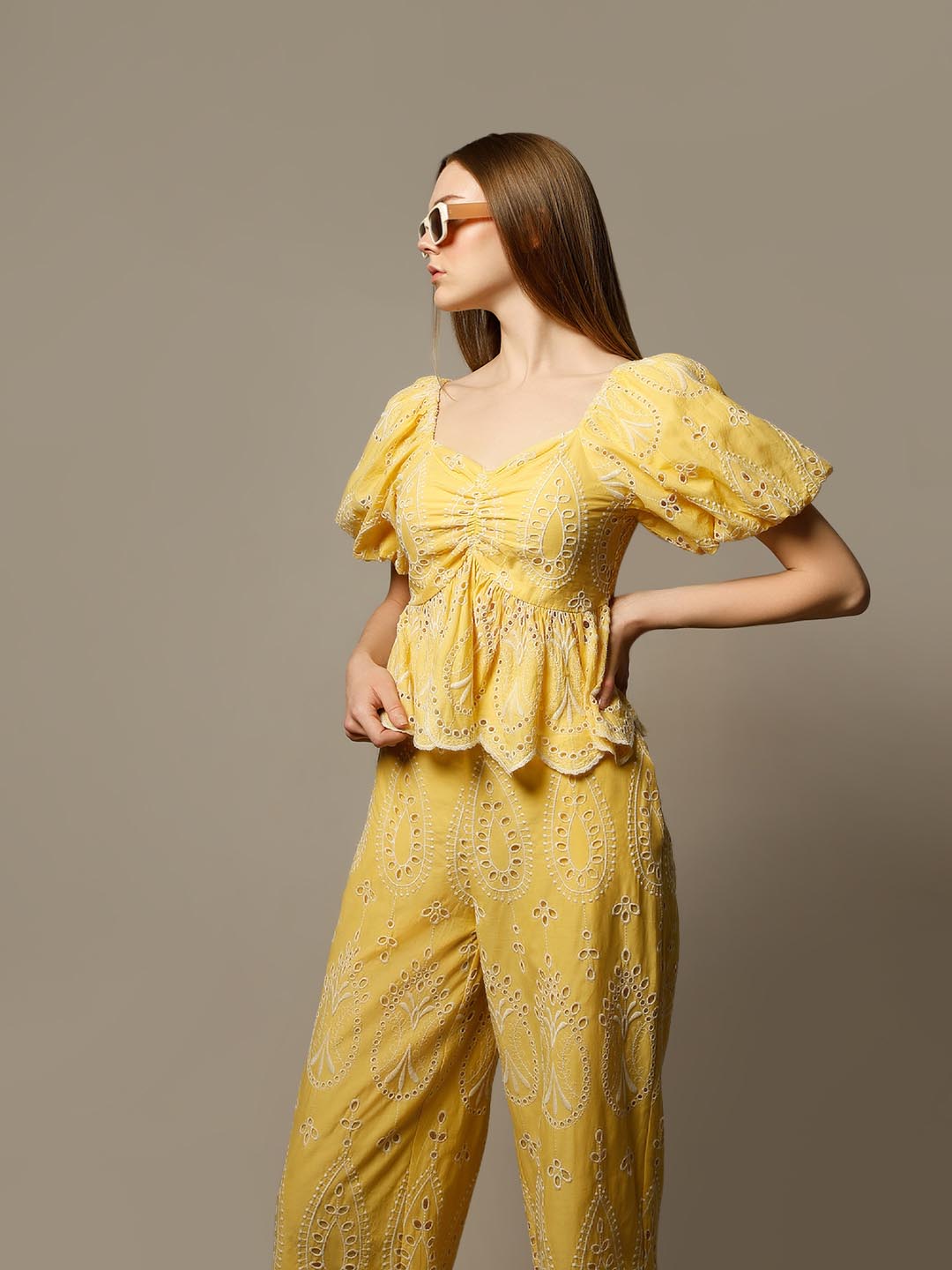 Vero Moda Yellow Schiffli Embroidered Top