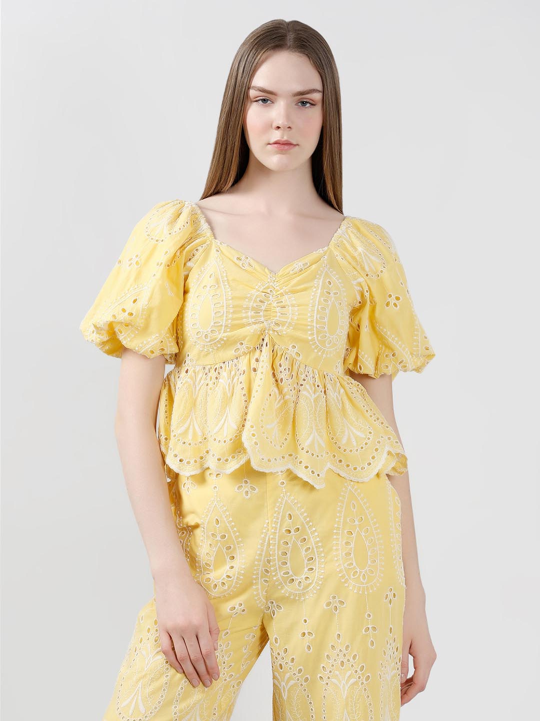 Vero Moda Yellow Schiffli Embroidered Top