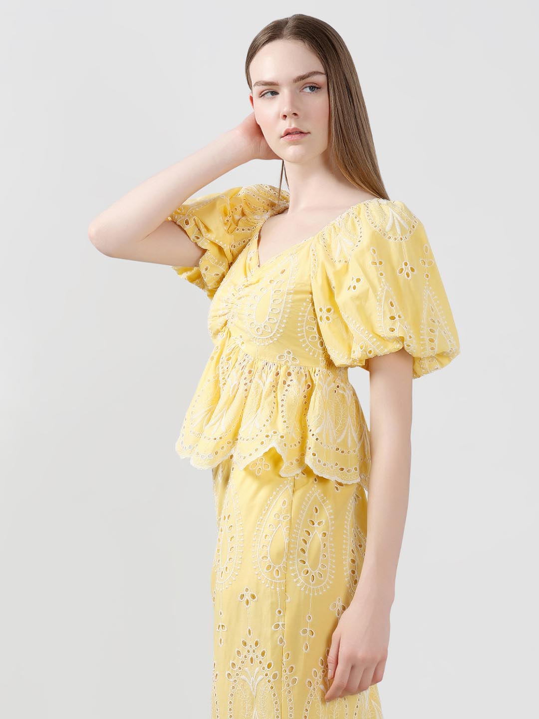 Vero Moda Yellow Schiffli Embroidered Top
