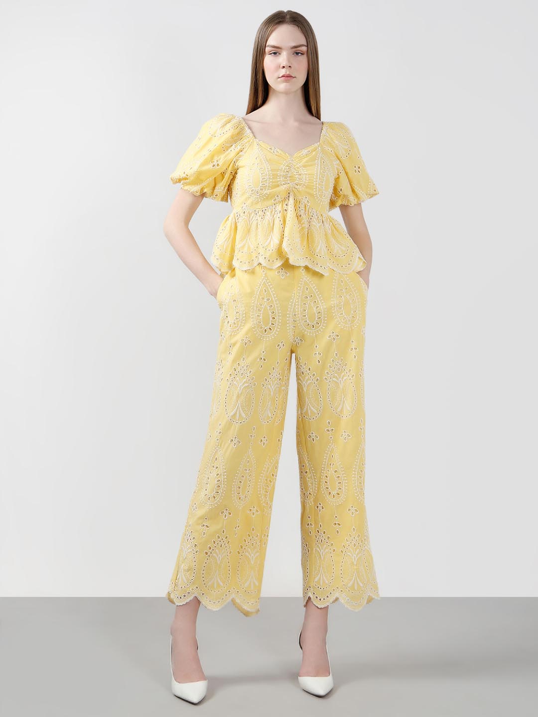 Vero Moda Yellow Schiffli Embroidered Top