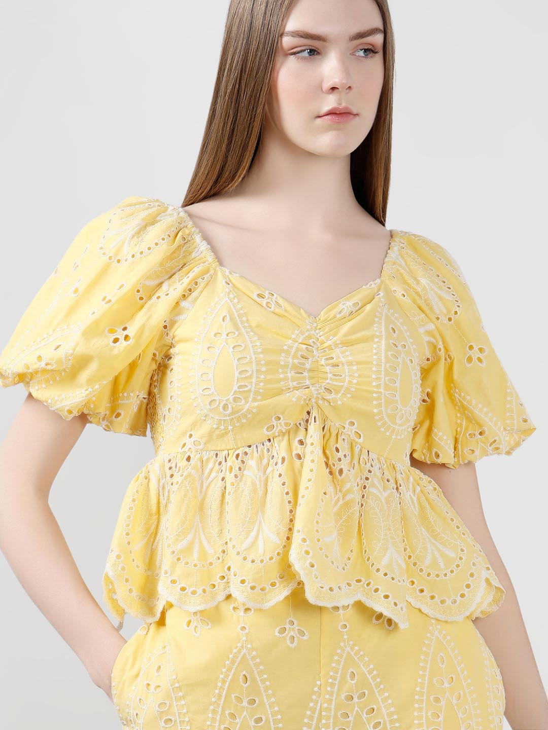 Vero Moda Yellow Schiffli Embroidered Top