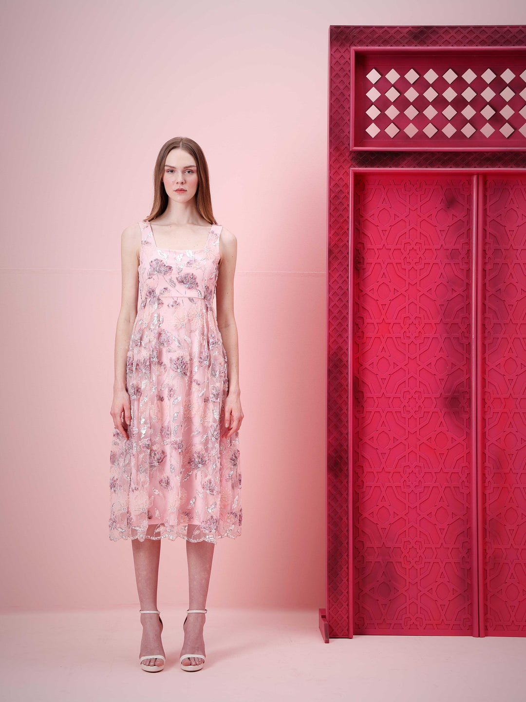 Marquee Pink Floral Embroidered Midi Dress