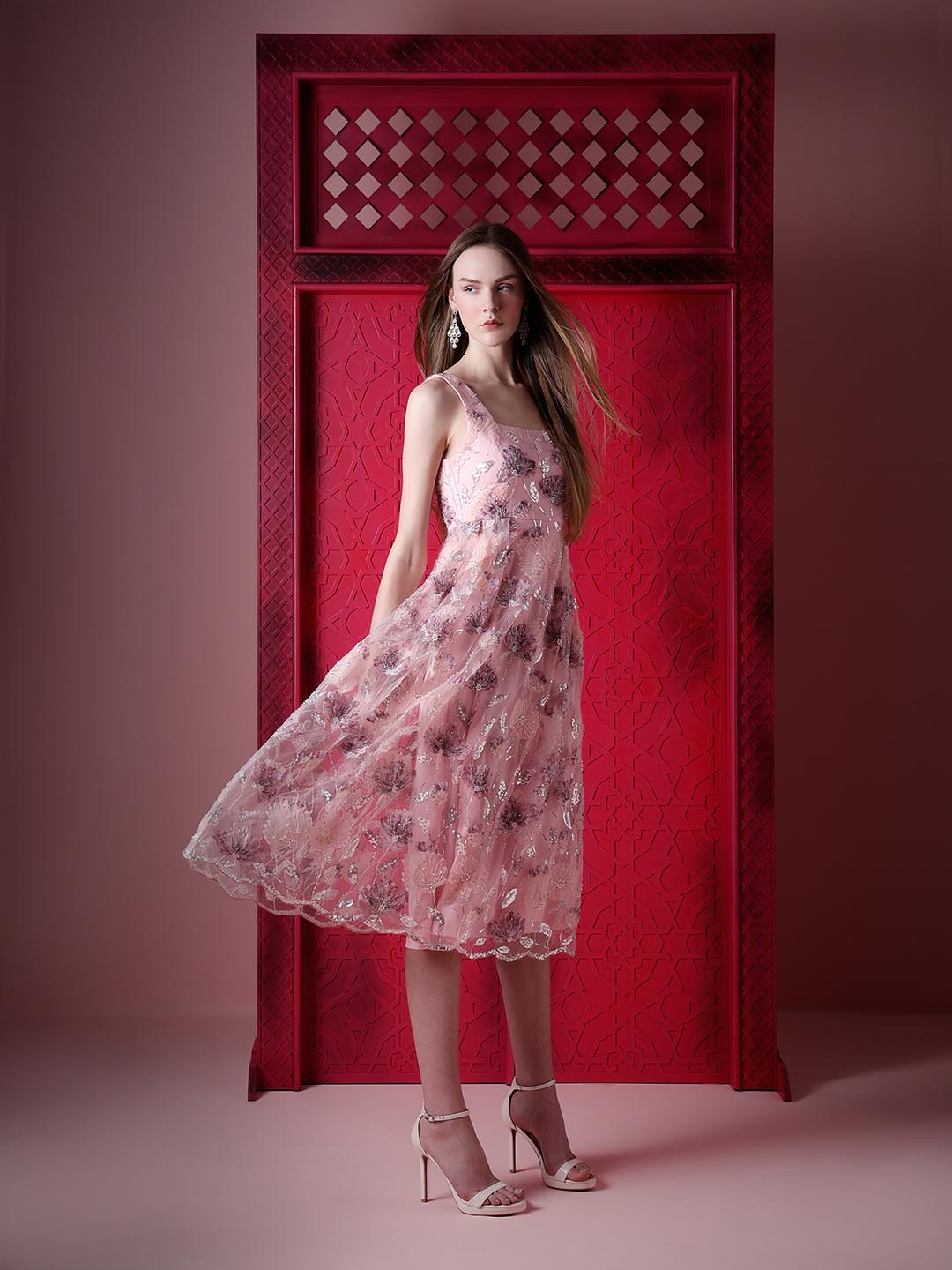 MARQUEE Pink Floral Embroidered Midi Dress