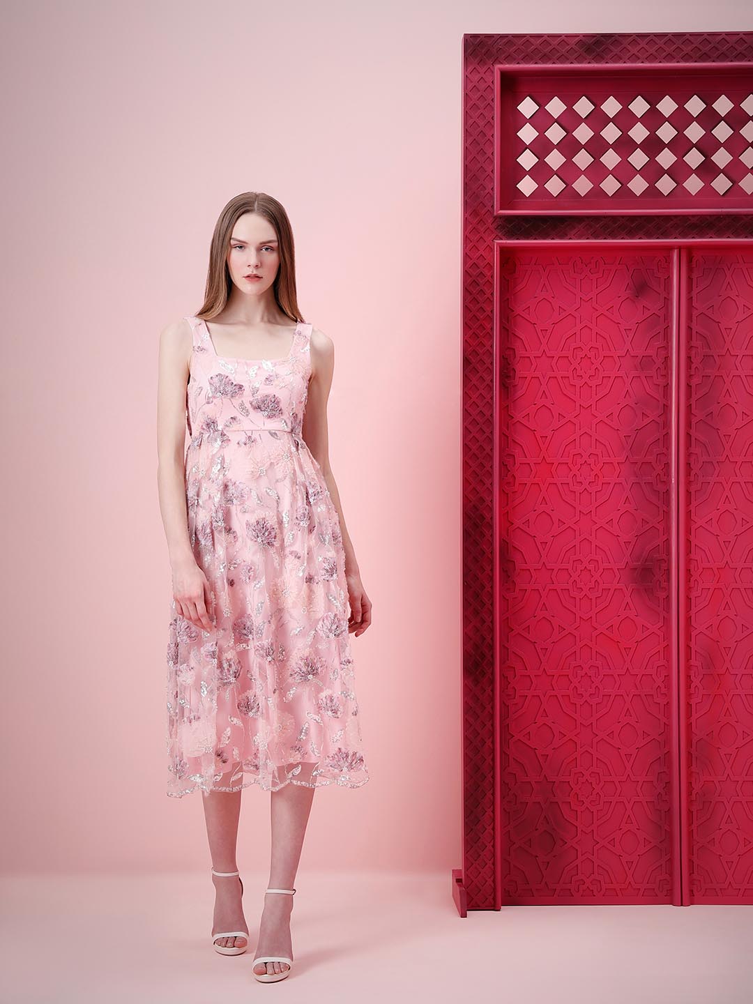 Marquee Pink Floral Embroidered Midi Dress