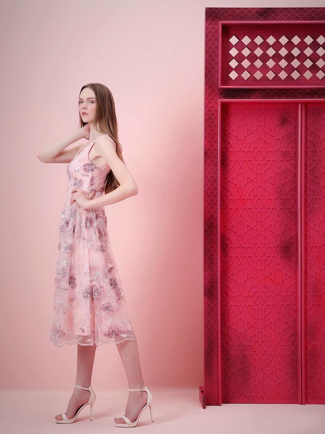 Marquee Pink Floral Embroidered Midi Dress