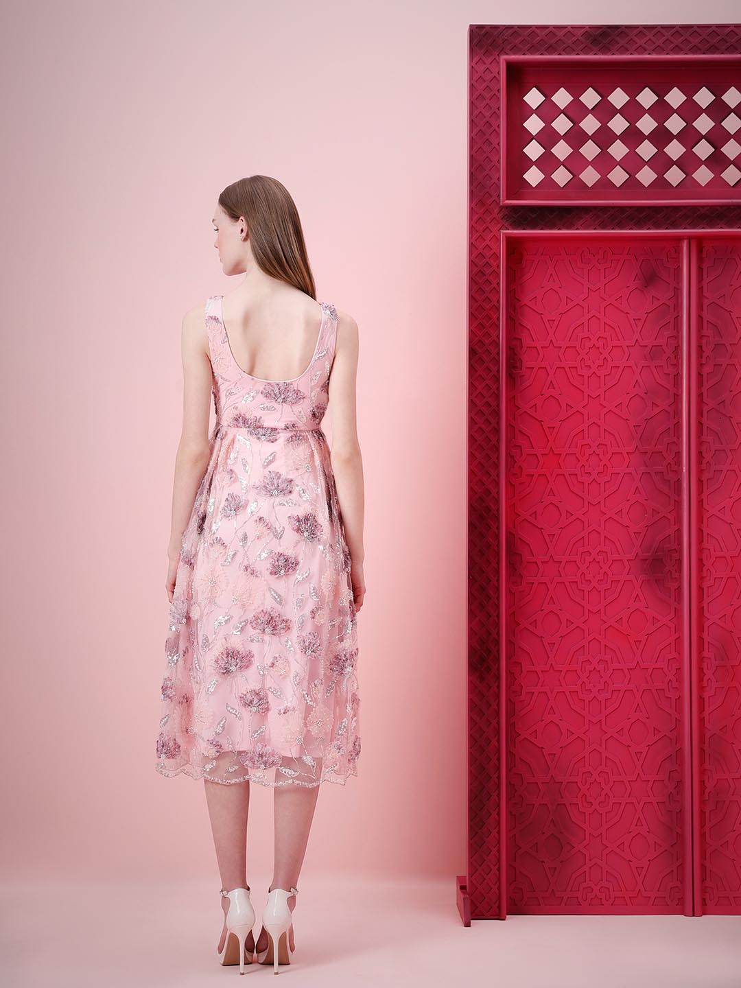 Marquee Pink Floral Embroidered Midi Dress