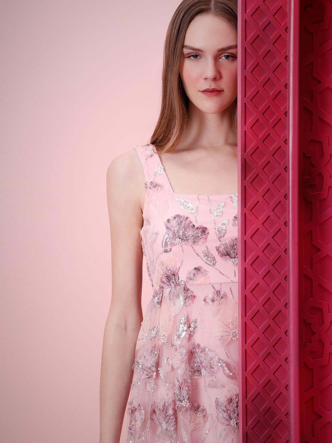 Marquee Pink Floral Embroidered Midi Dress