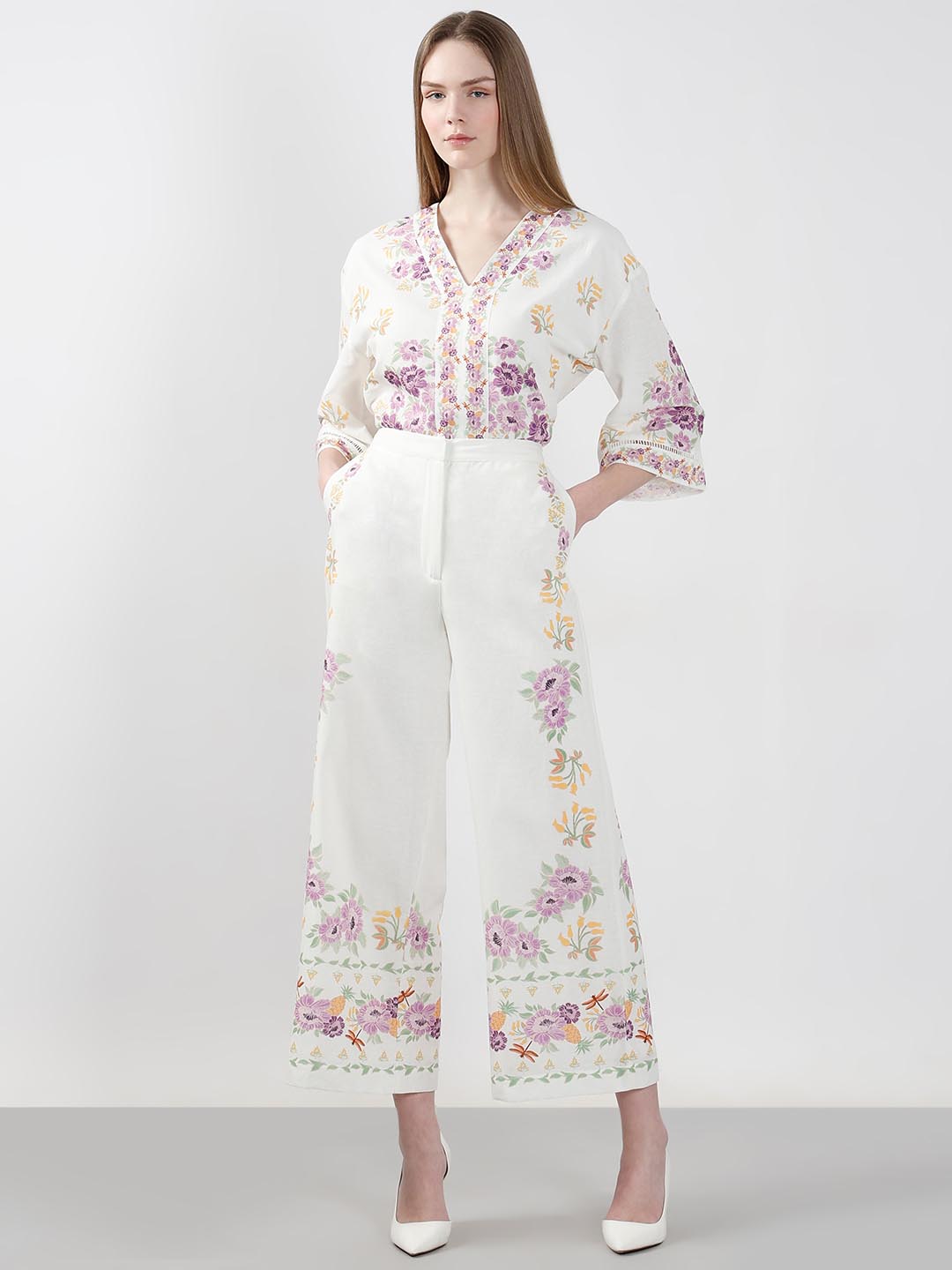 Vero Moda White Floral High Rise Pants
