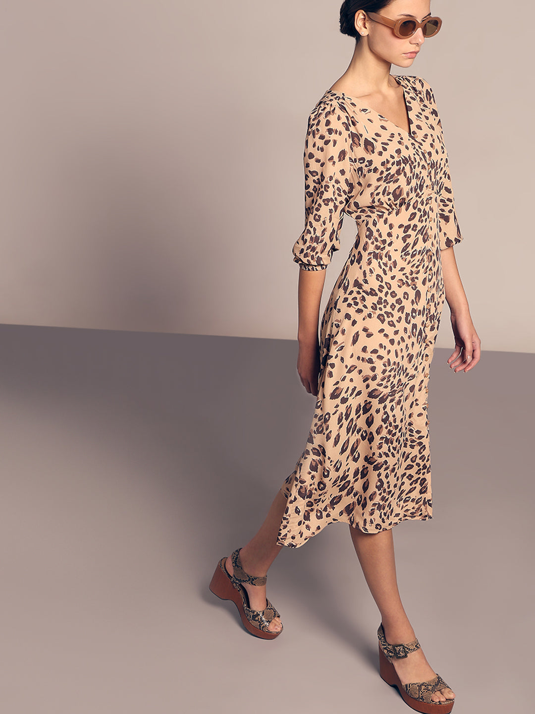 Brown Animal Print Midi Dress