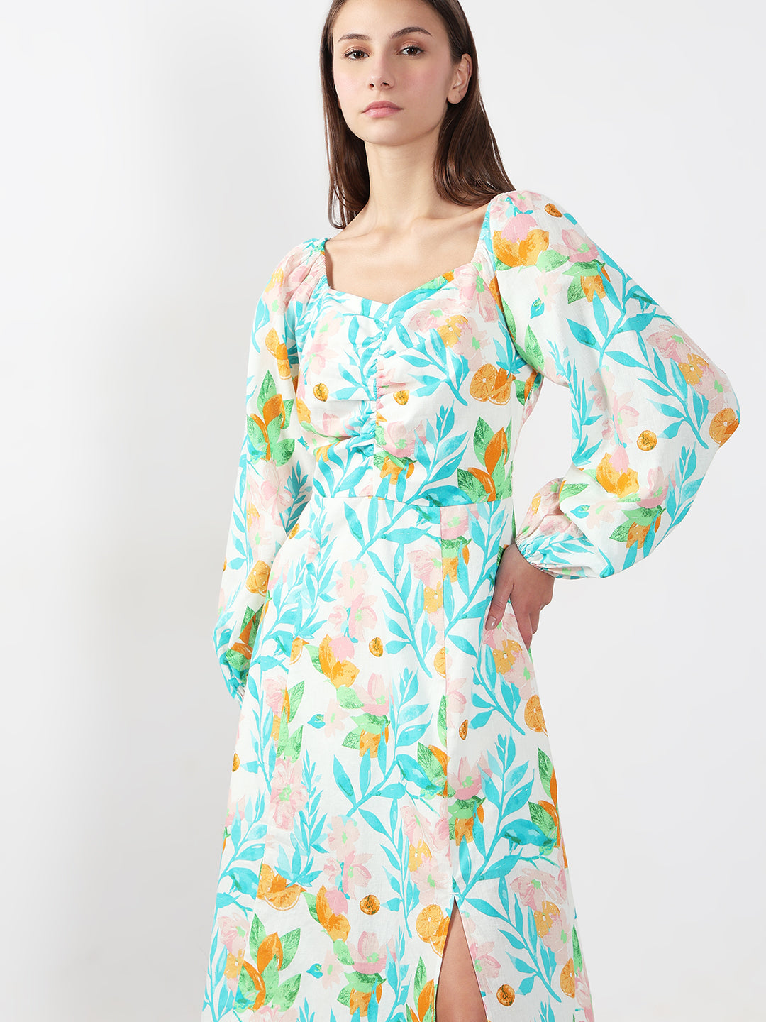 Blue & White Printed Midi Dress