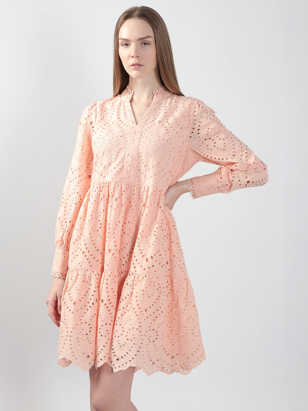 Peach Schiffli Embroidered Dress