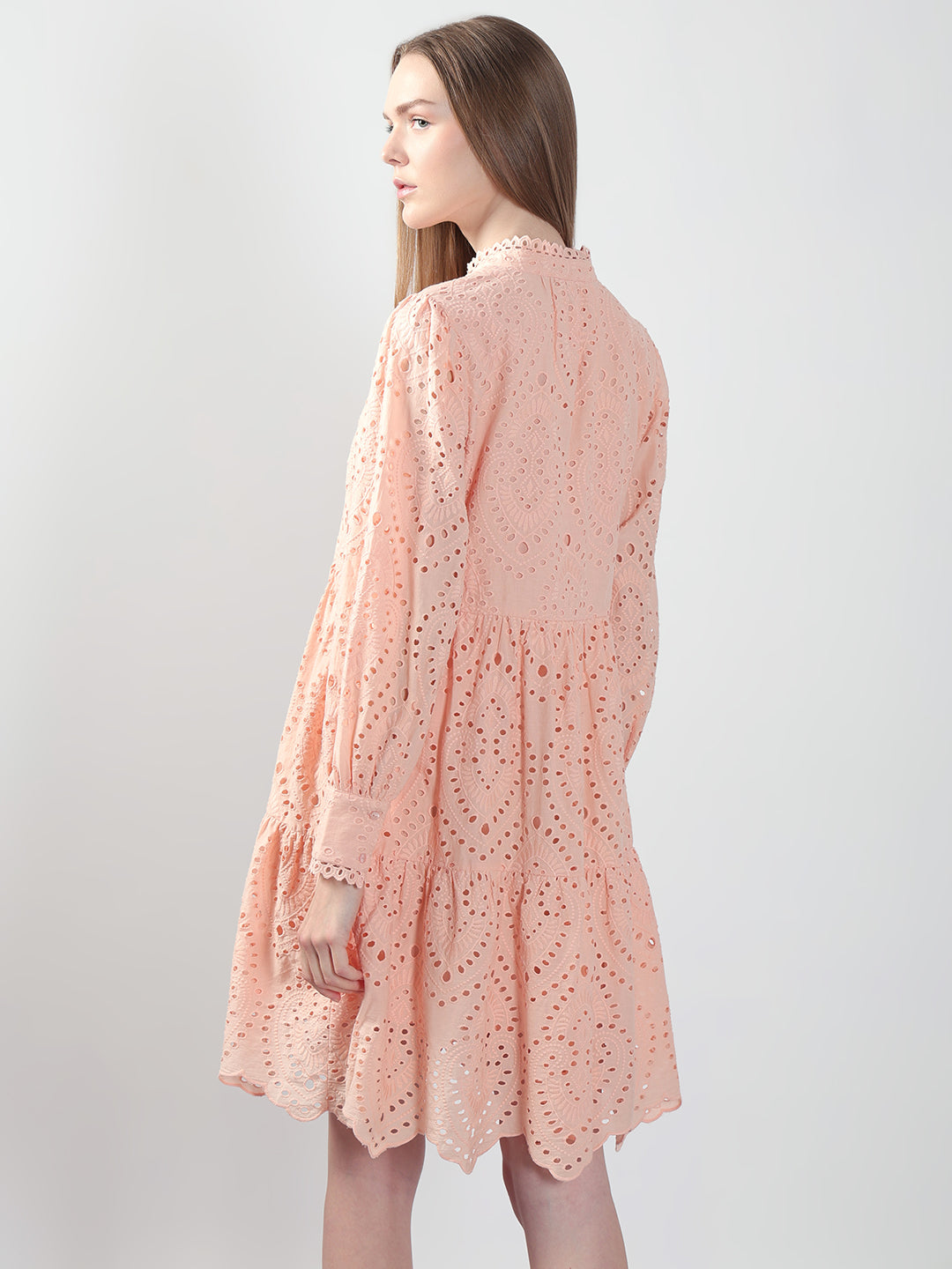 Peach Schiffli Embroidered Dress