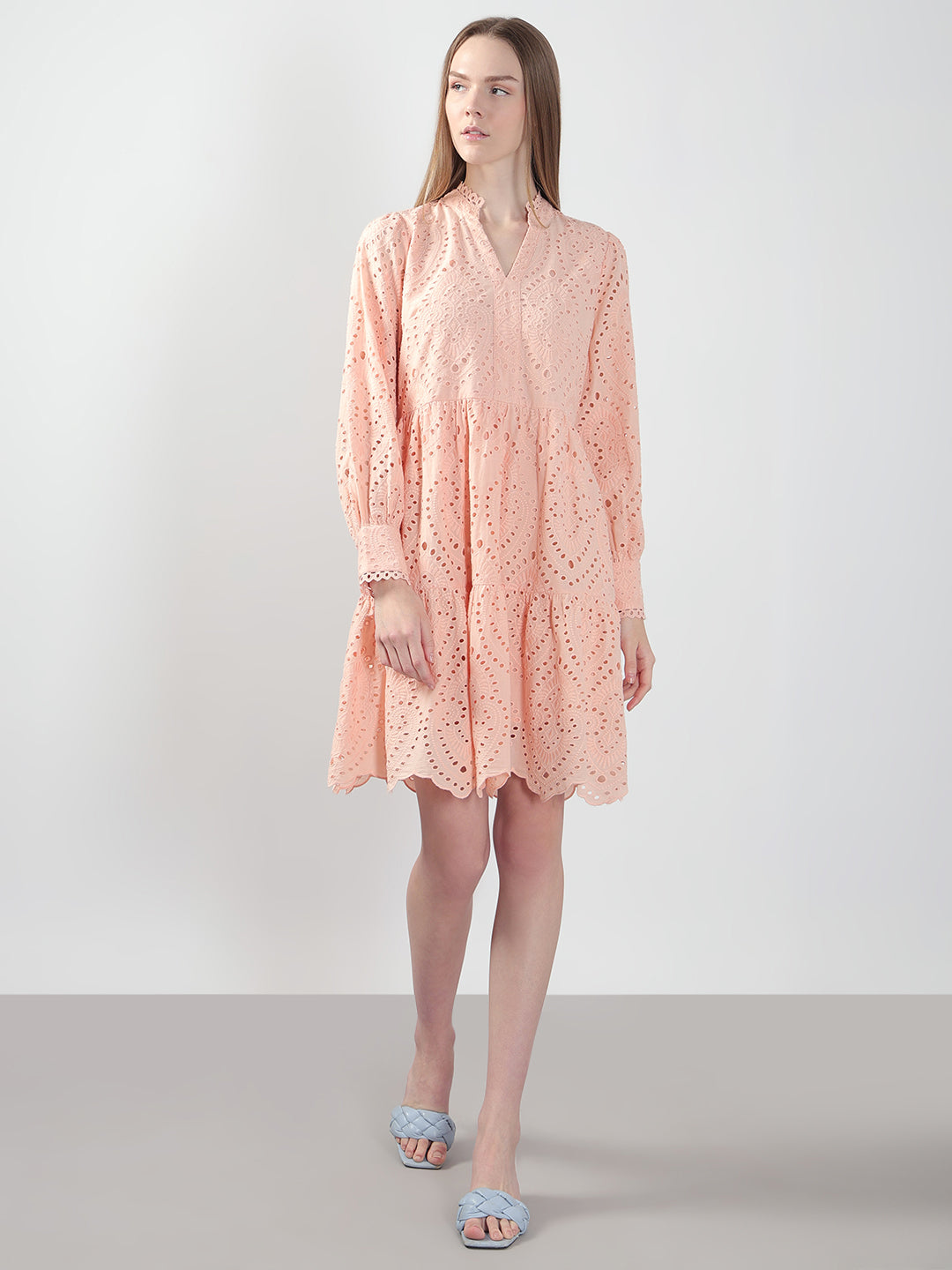 Peach Schiffli Embroidered Dress