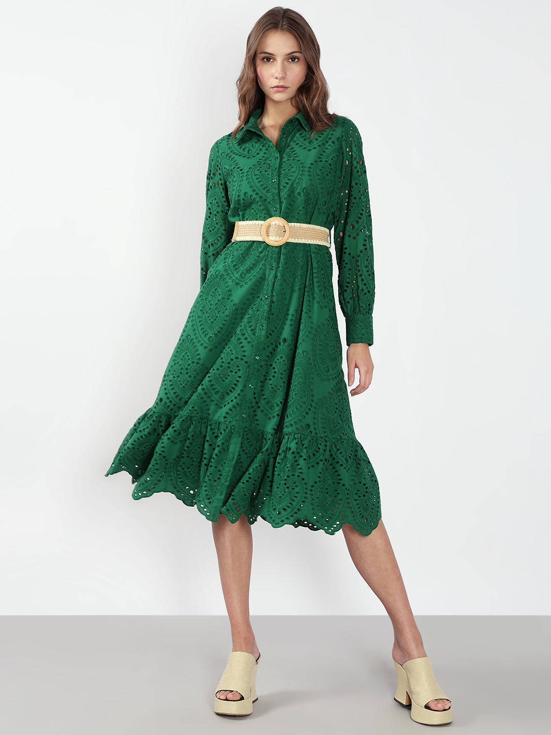 Green Schiffli Embroidered Midi Dress