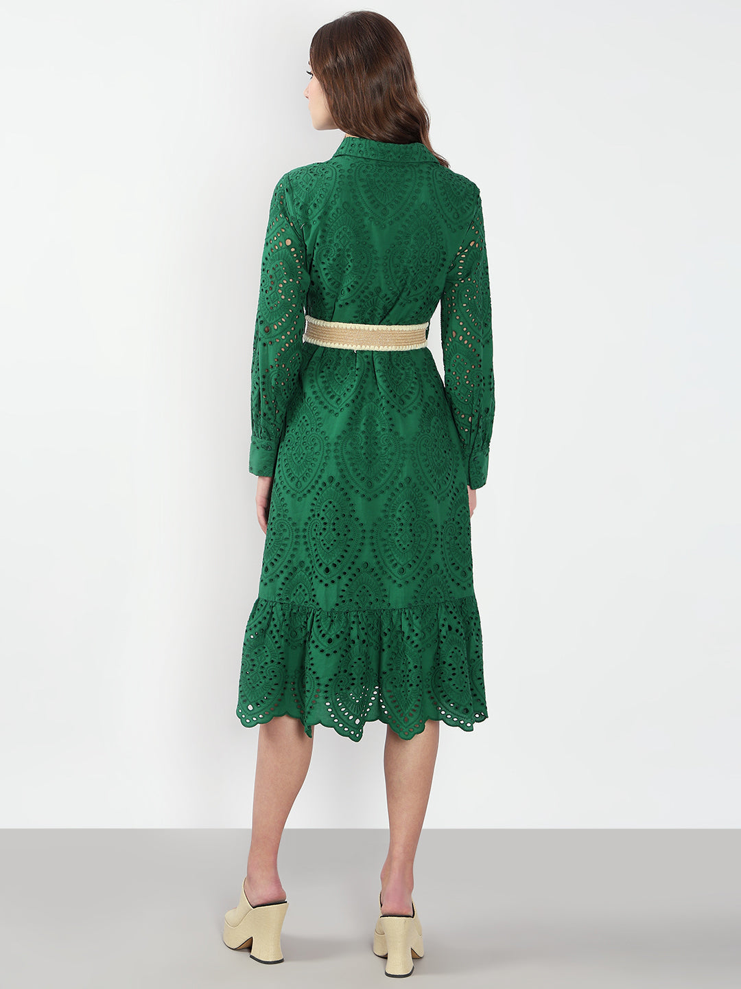Green Schiffli Embroidered Midi Dress