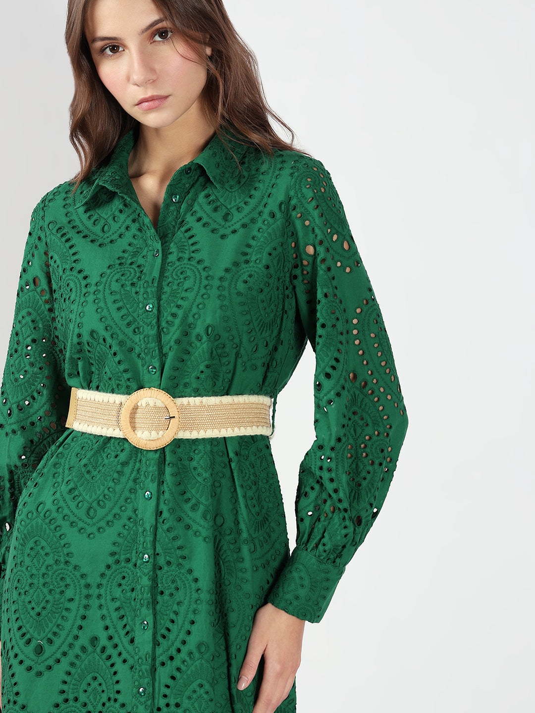 Green Schiffli Embroidered Midi Dress