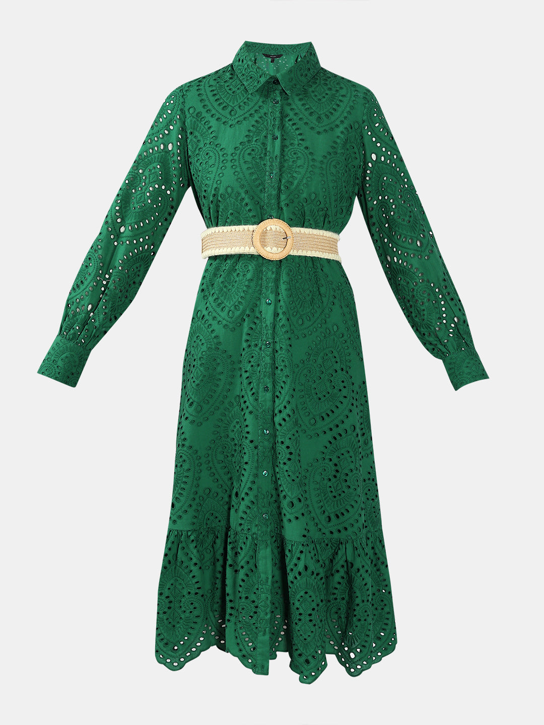 Green Schiffli Embroidered Midi Dress