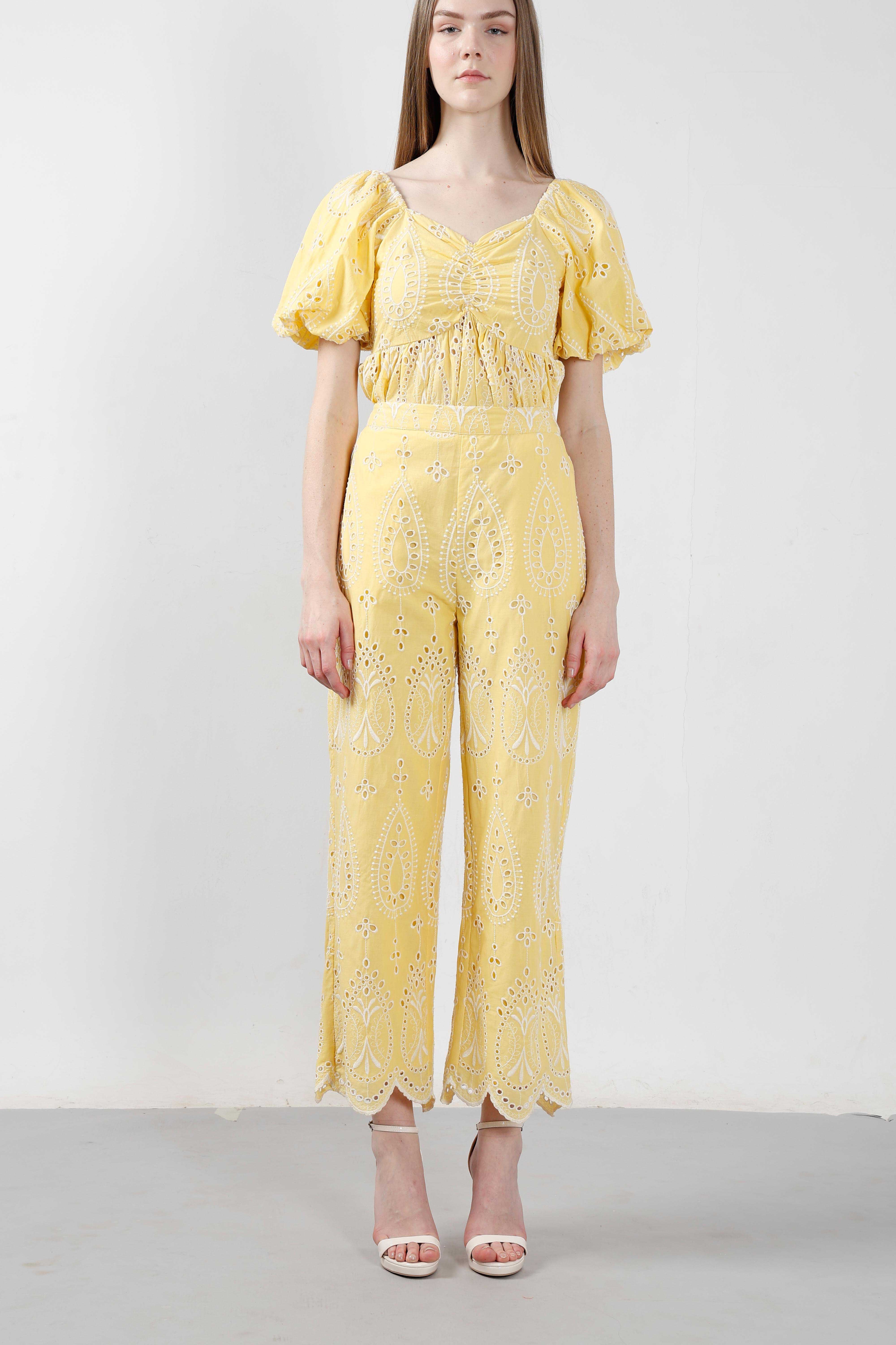 Vero Moda Yellow Schiffli Embroidered Pant