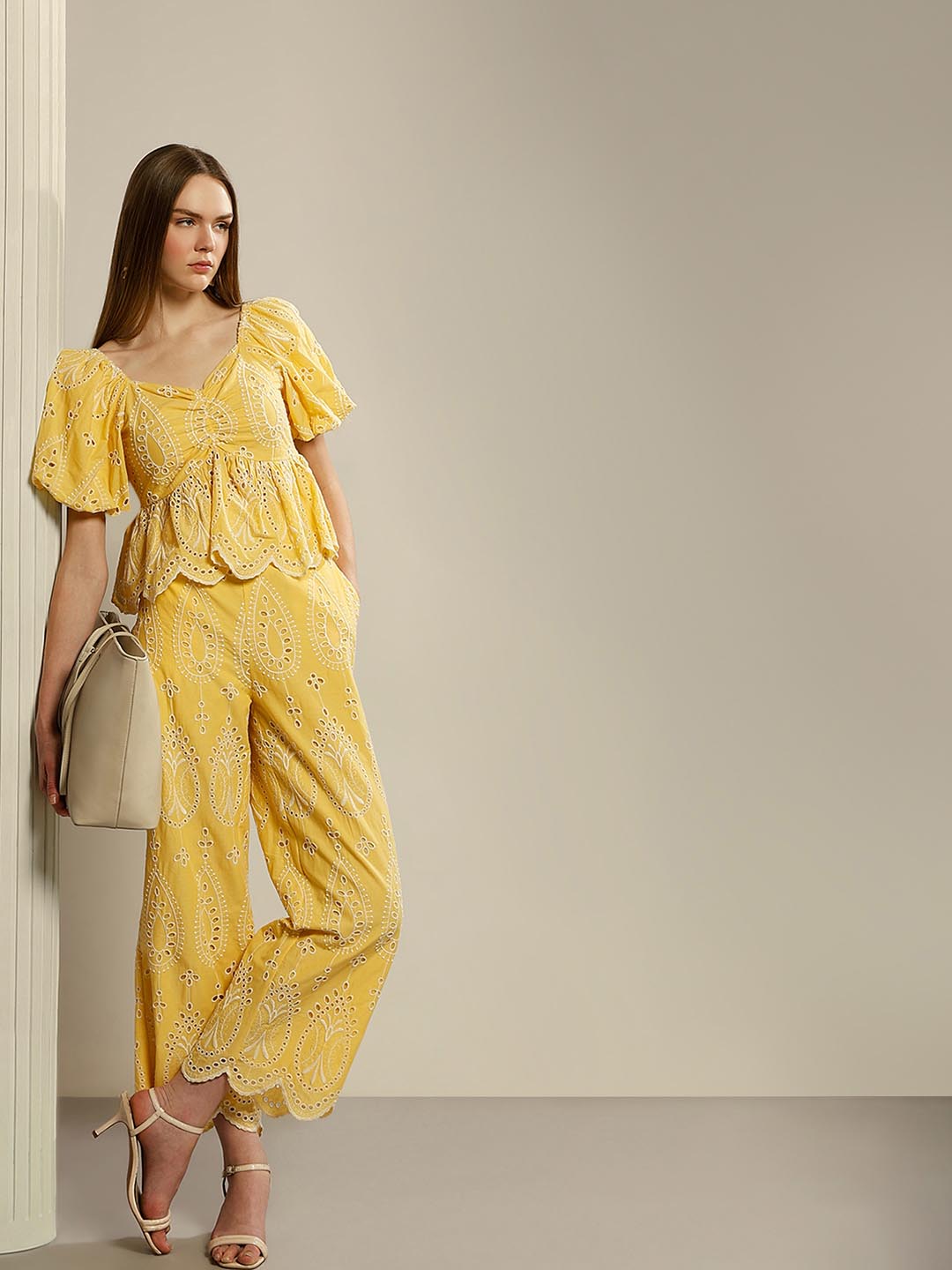 Vero Moda Yellow Schiffli Embroidered Pant