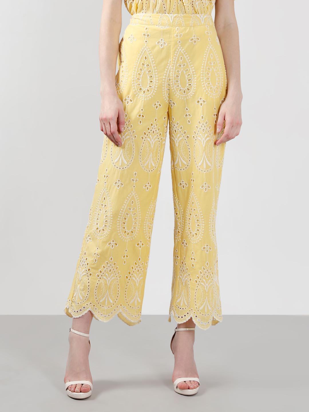 Vero Moda Yellow Schiffli Embroidered Pant