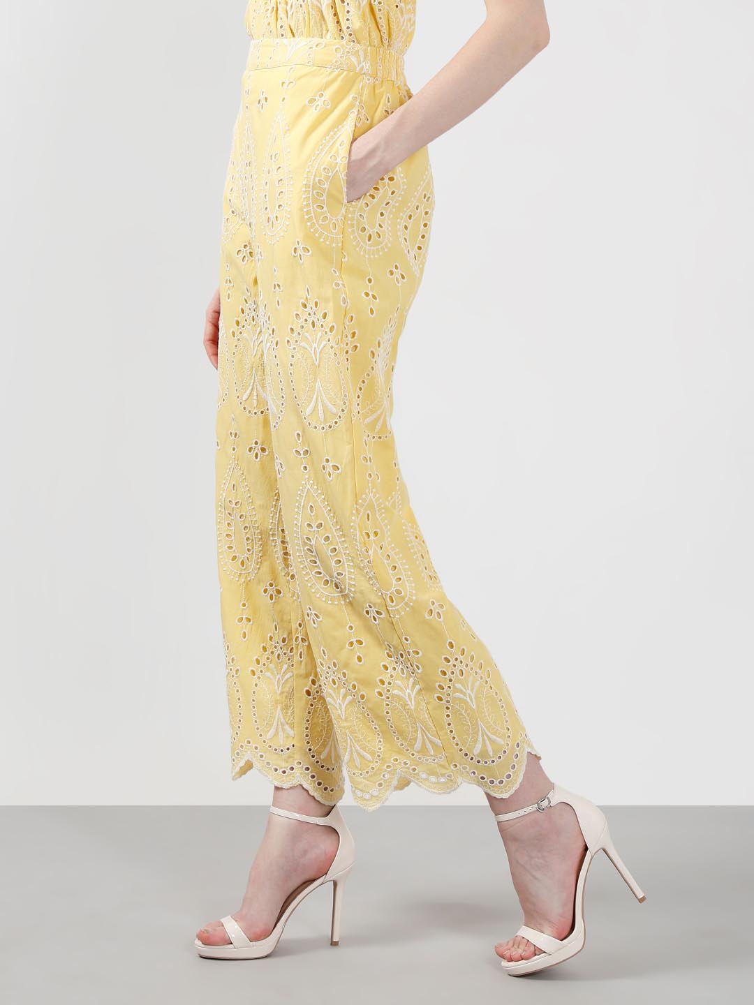 Vero Moda Yellow Schiffli Embroidered Pant