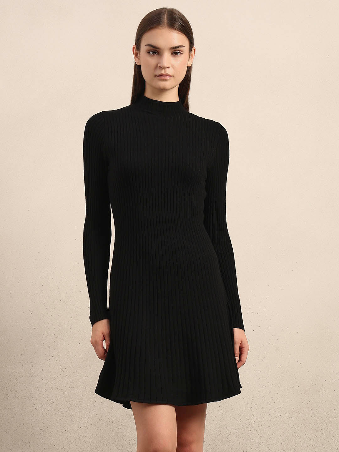 Ribbed Knitted Skater Dress - Black