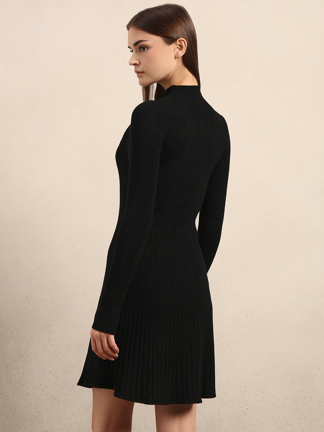 Ribbed Knitted Skater Dress - Black