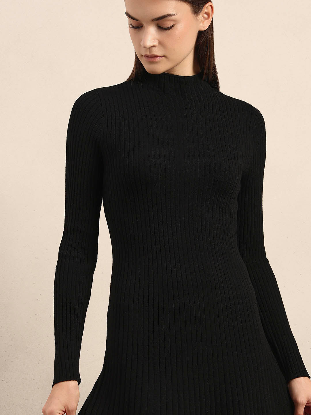 Ribbed Knitted Skater Dress - Black