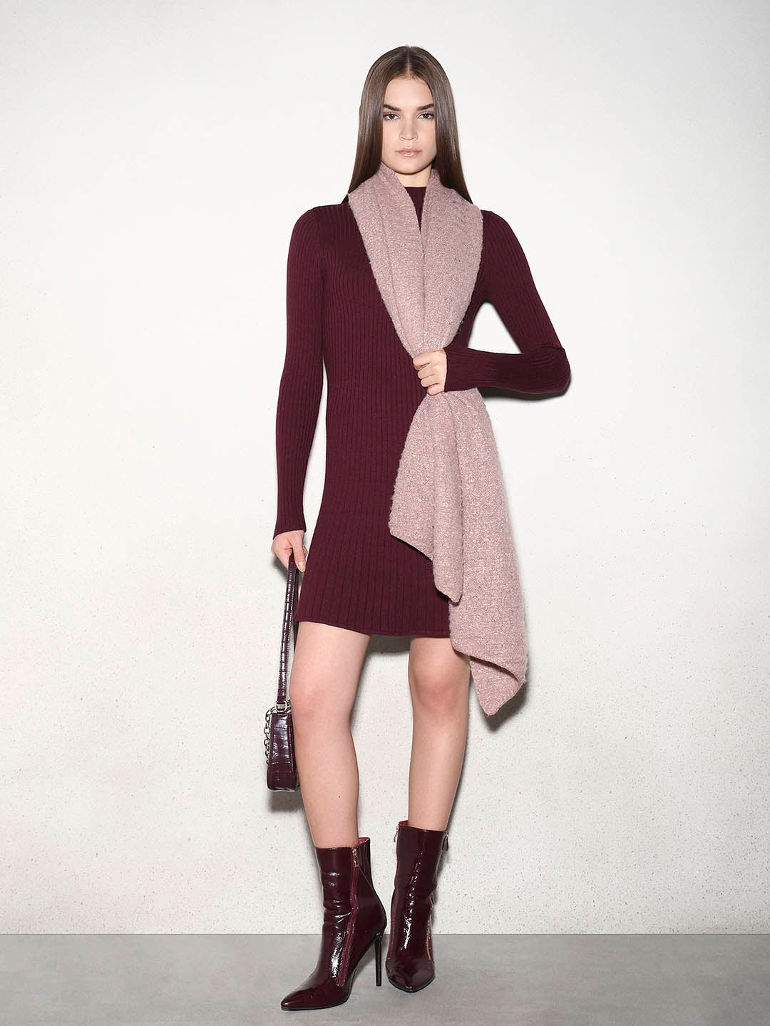 Ribbed Knitted Skater Dress - Red