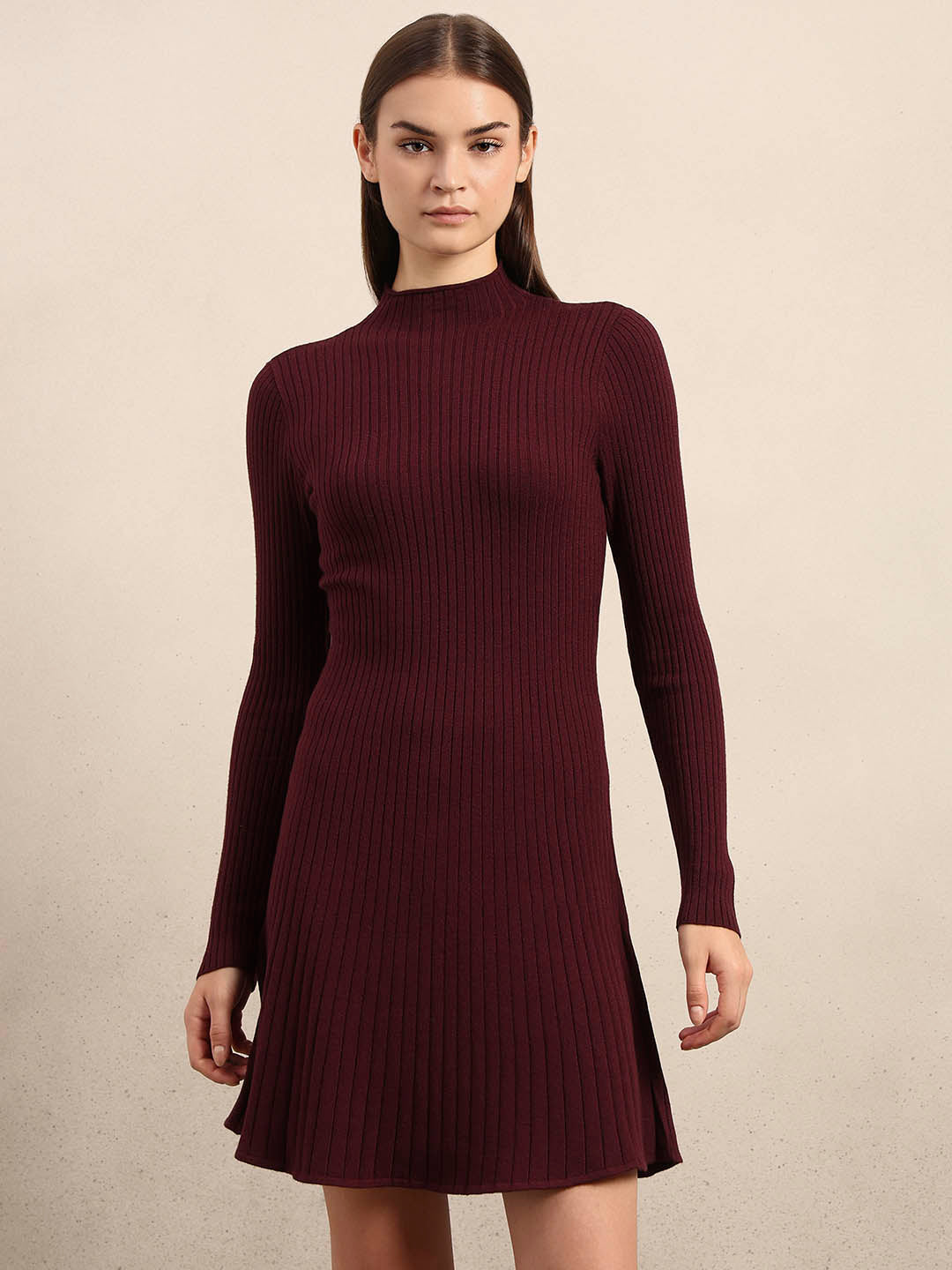 Ribbed Knitted Skater Dress - Red