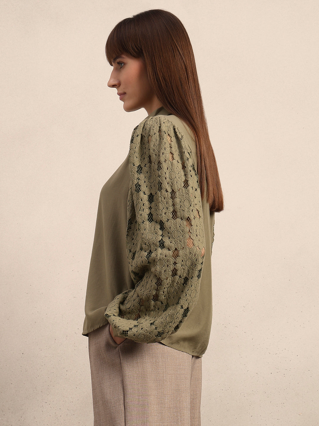 Lace Sleeves Green Shirt
