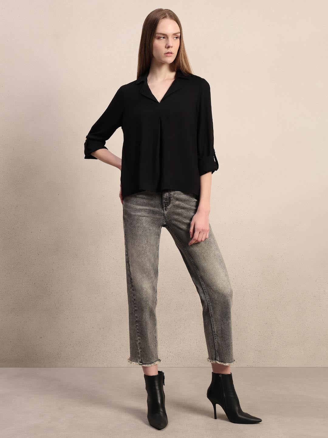 Black 3/4th Sleeves Regular Fit Shirt