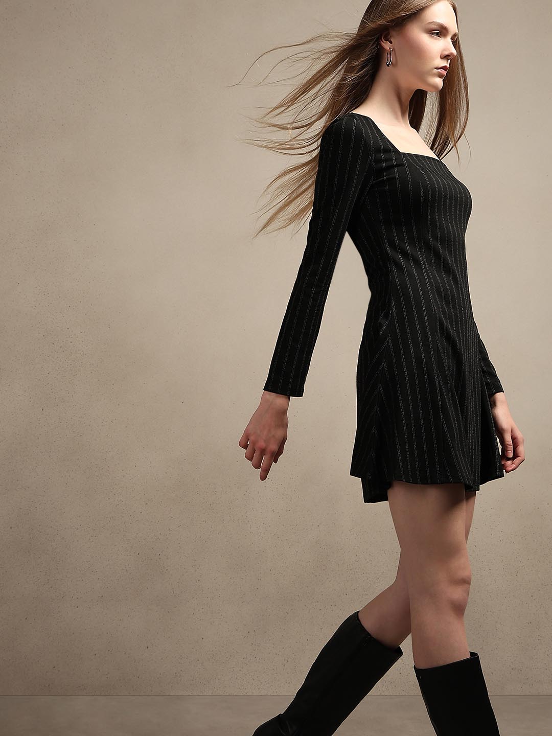 Black Striped Square Neck Dress