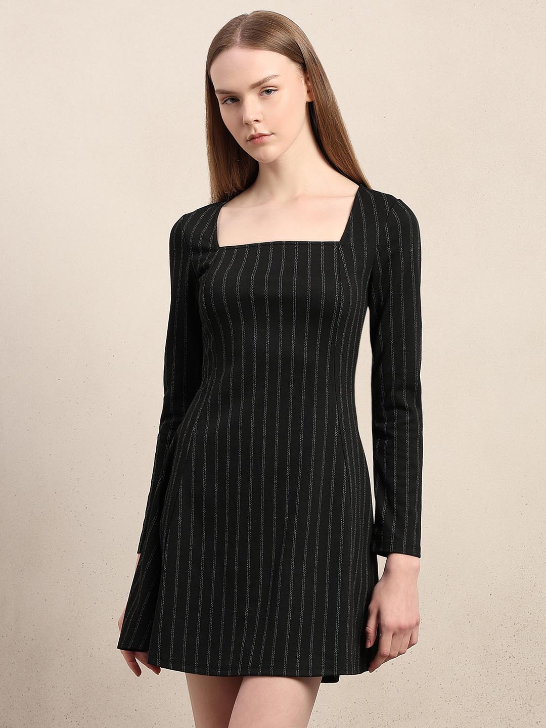 Black Striped Square Neck Dress