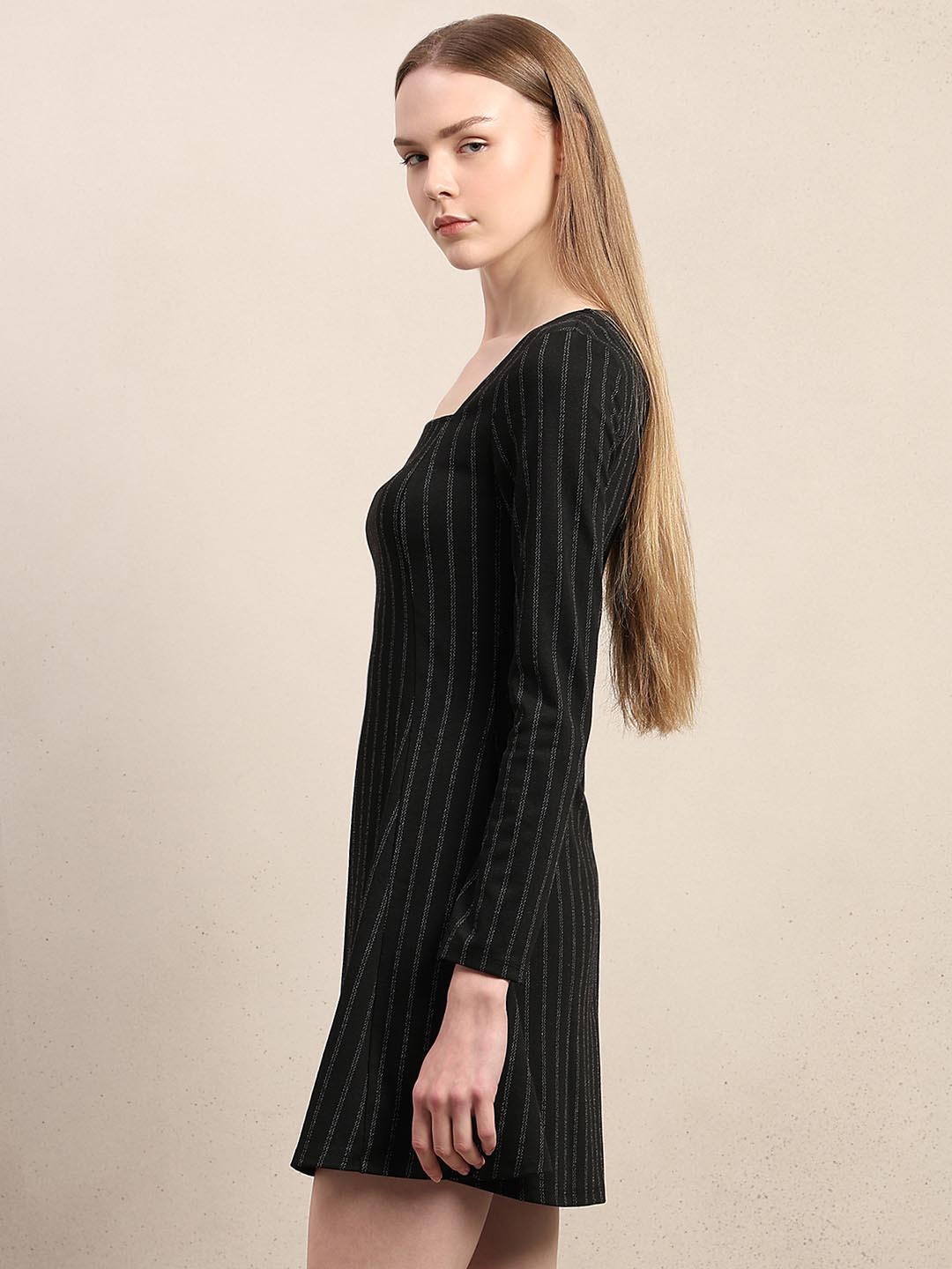 Black Striped Square Neck Dress